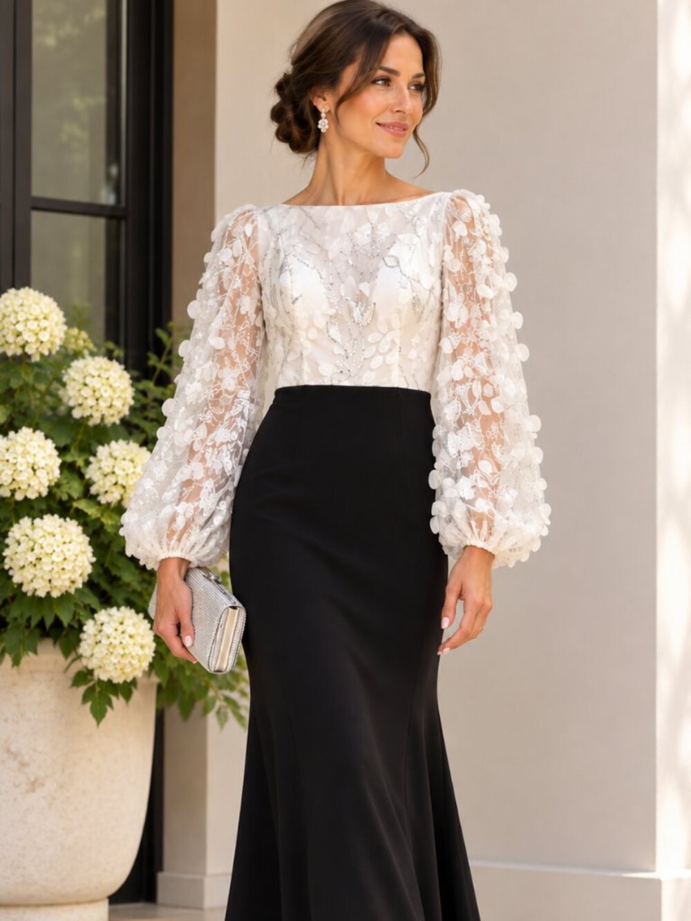 Eliza J Ivory Black Sequin Leaf Applique Off Shoulder Gown Size 10